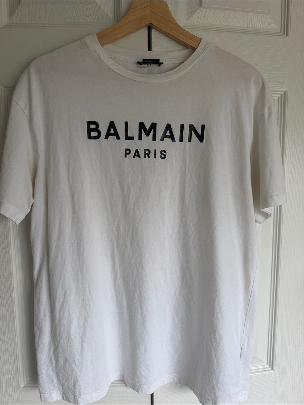 Balmain White Short-Sleeve Logo Tee with Black Text